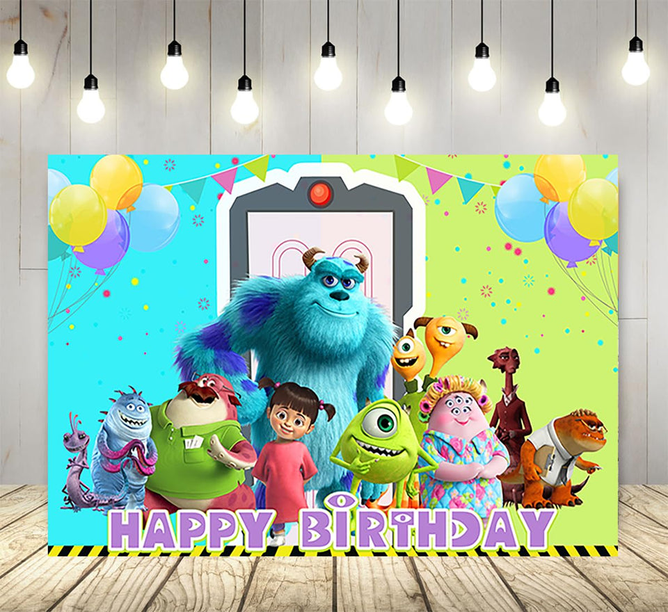 Basifoto front view of Monster Inc backdrop showing full scene and easy setup benefit