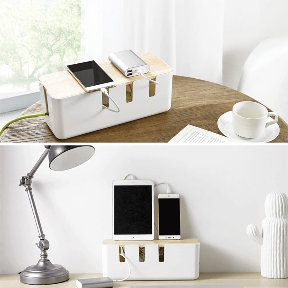 Baskiss cable box in a desktop setup hides clutter around a monitor and keyboard