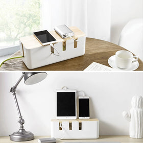 Baskiss cable box in a desktop setup hides clutter around a monitor and keyboard