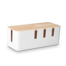 Baskiss cable box with wood lid neatly conceals power strips for a tidy desk
