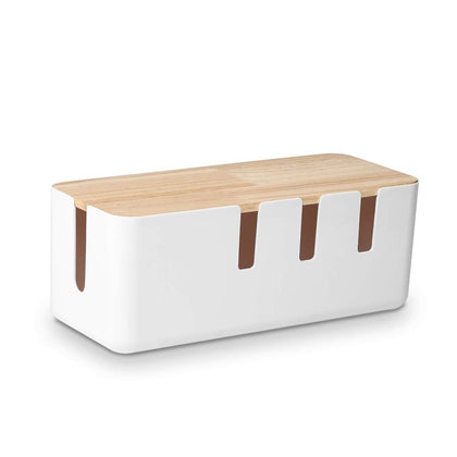 Baskiss cable box with wood lid neatly conceals power strips for a tidy desk