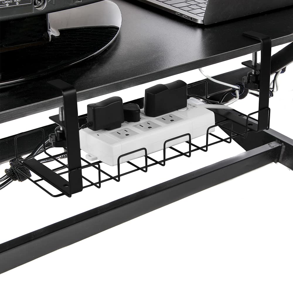 Baskiss clamp-mounted tray keeps cords off the floor and within reach.