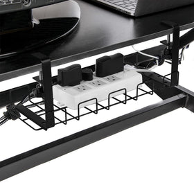 Baskiss clamp-mounted tray keeps cords off the floor and within reach.