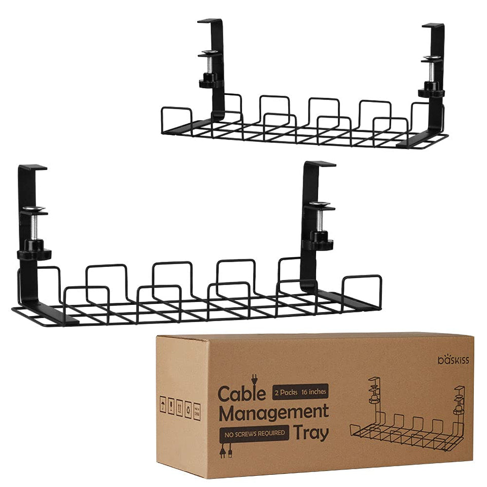 Baskiss under-desk cable trays arrive pre-assembled for quick no-drill installation.