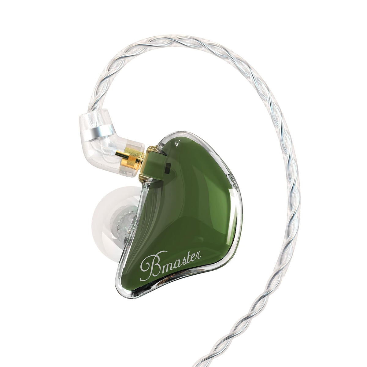 BASN Bmaster olive in-ear monitor close-up for precise audio on stage
