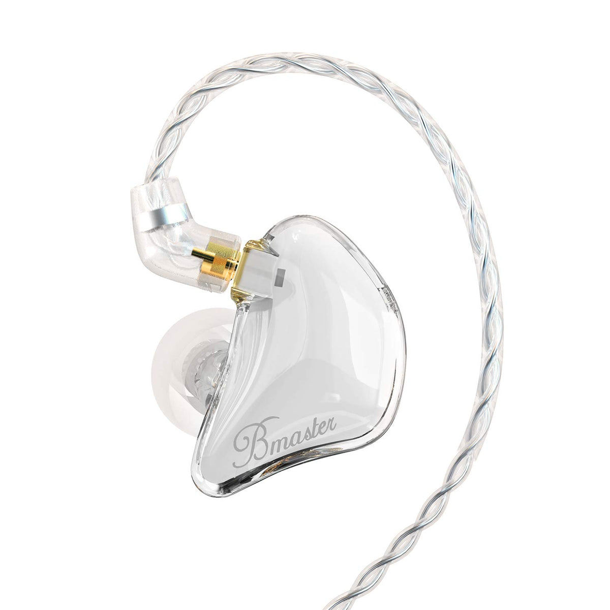 BASN Bmaster triple-driver ear monitor front view in white for precise on-stage listening.