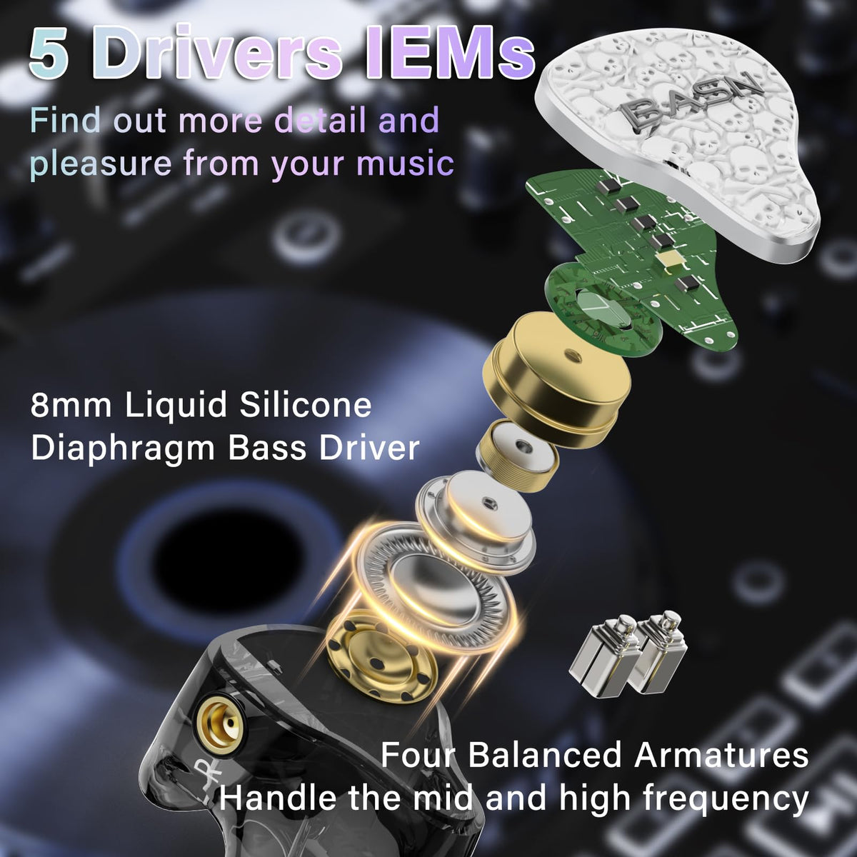 BASN Bmaster5 8mm diaphragm driver for deeper bass and wider soundstage.