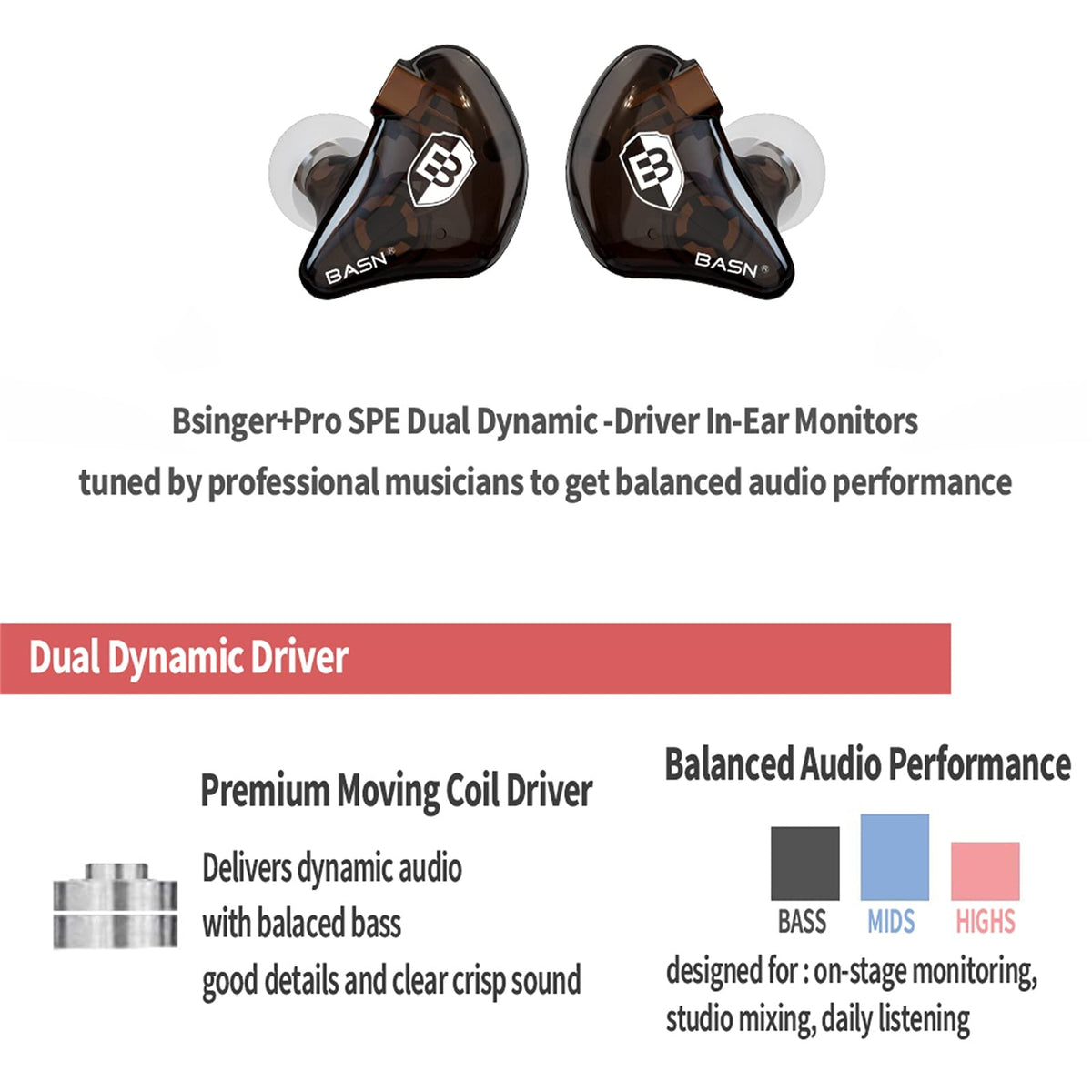 BASN Bsinger driver close-up highlighting dual dynamic drivers for fuller sound