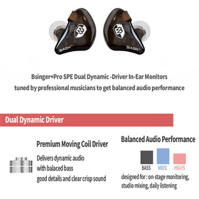 BASN Bsinger driver close-up highlighting dual dynamic drivers for fuller sound