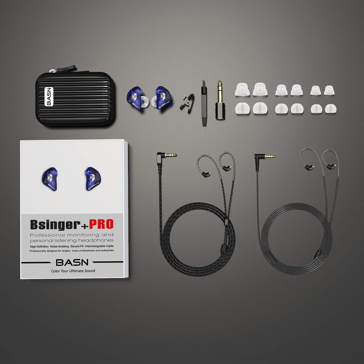 BASN accessories layout with eartips and cables illustrating customization and fit benefit