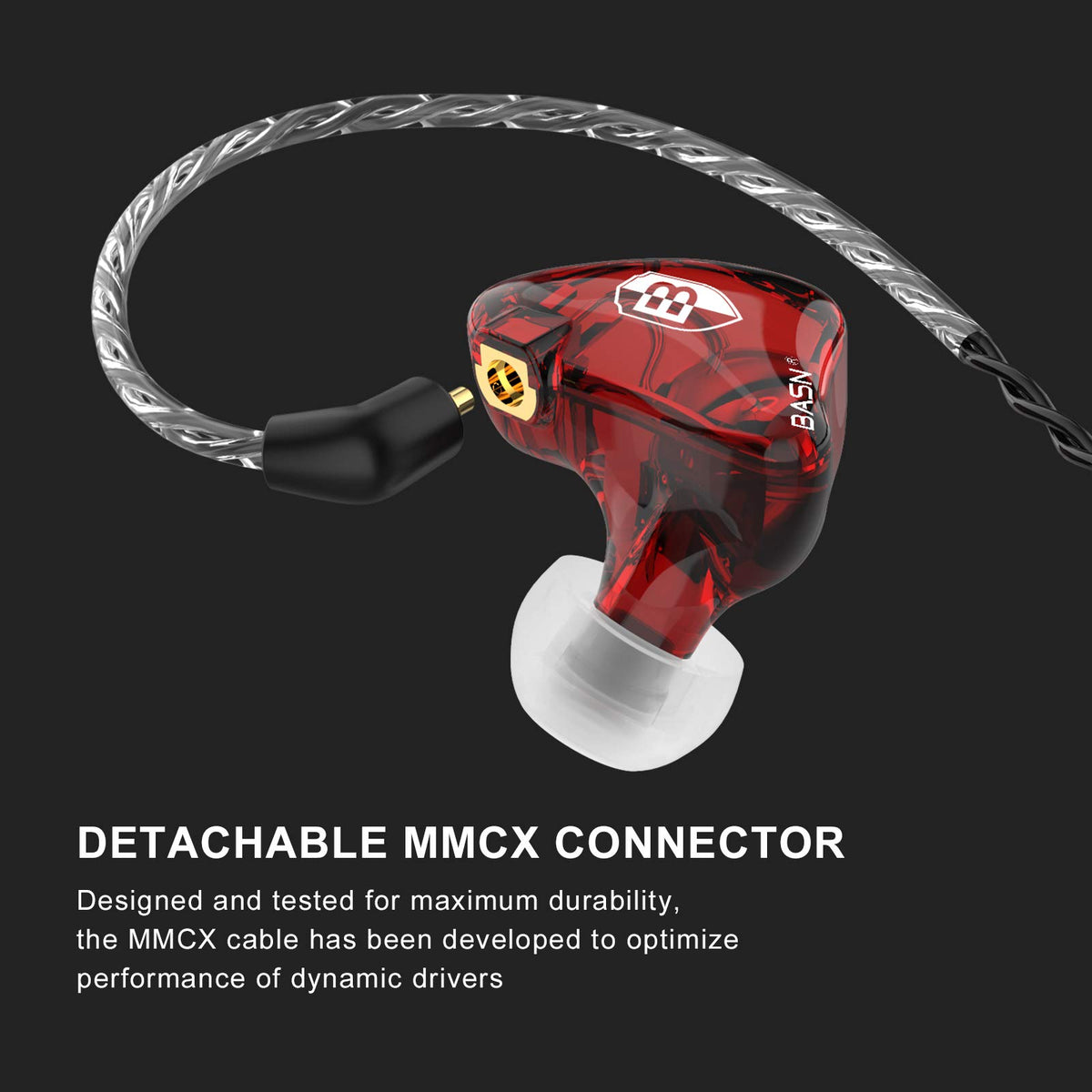 BASN Bsinger PRO MMCX cable detail showing gold-plated connector for durability