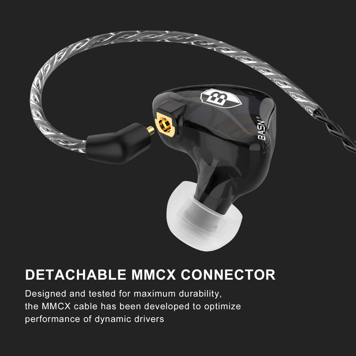 BASN detachable MMCX connector close-up highlighting gold-plated contact for reliable signal