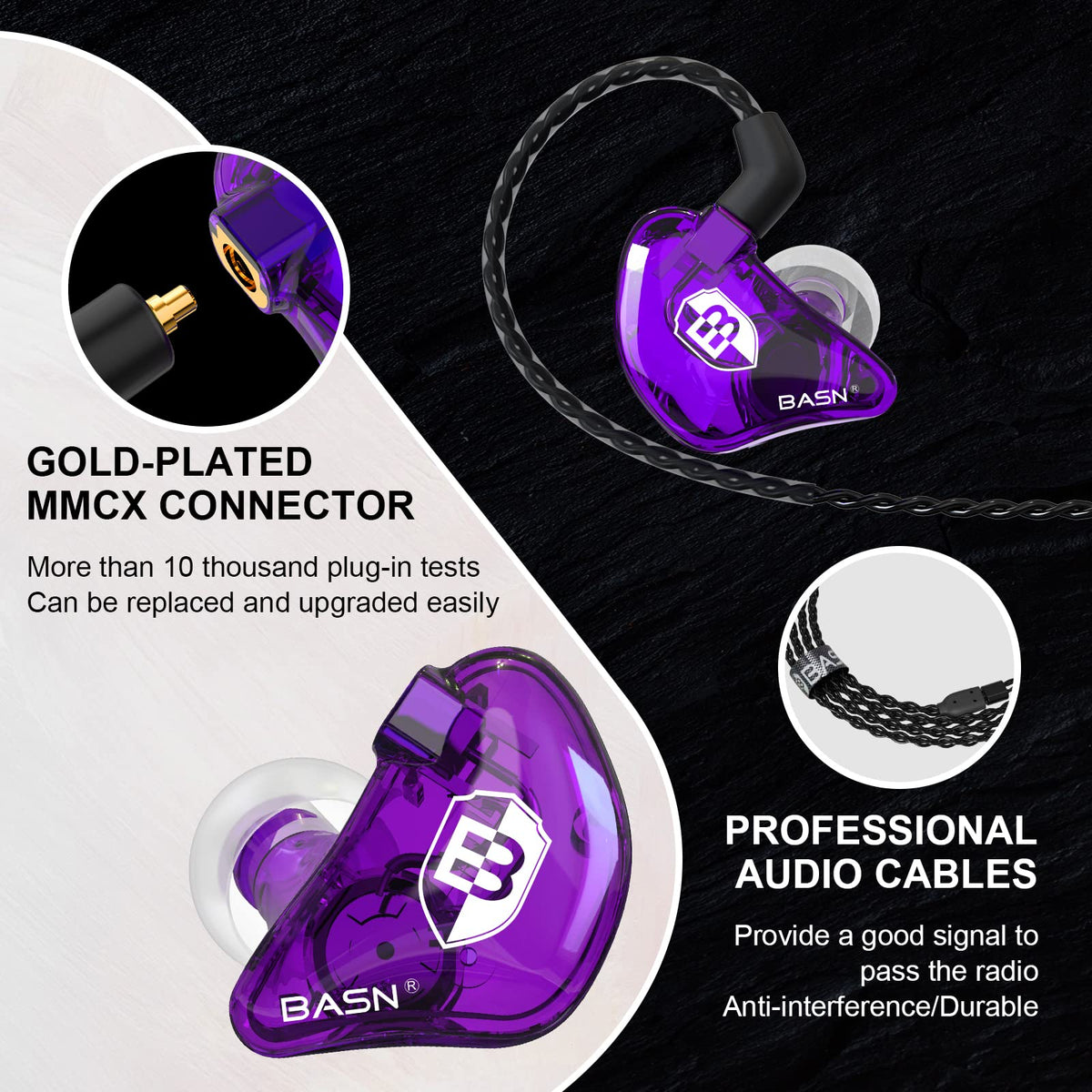 BASN Bsinger PRO memory-wire ear hook detail offering secure fit benefit