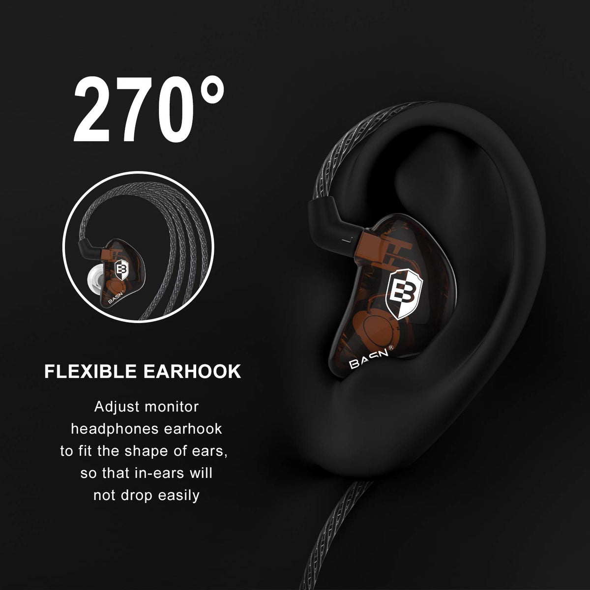 BASN earhook fitted over ear demonstrating secure fit for active performers