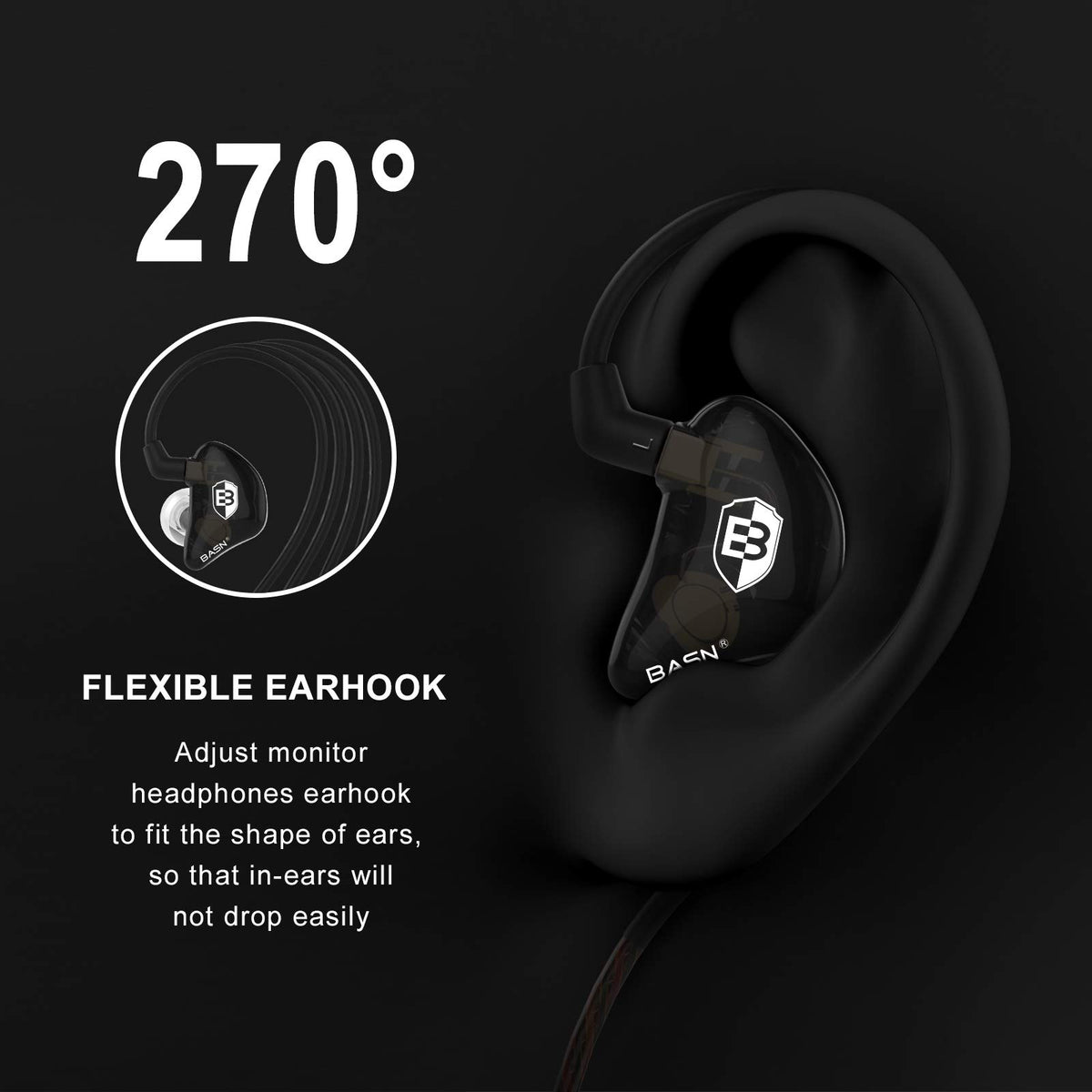 BASN Bsinger PRO worn with memory earhook showing secure fit and reduced movement