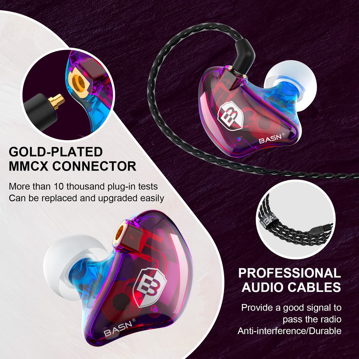 BASN MMCX connector detail showing rotatable joint for easy cable replacement and reliability