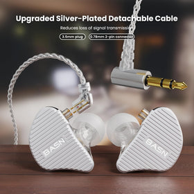 BASN Mix-PD silver-plated cable close-up highlights lightweight, detachable 2-pin design.