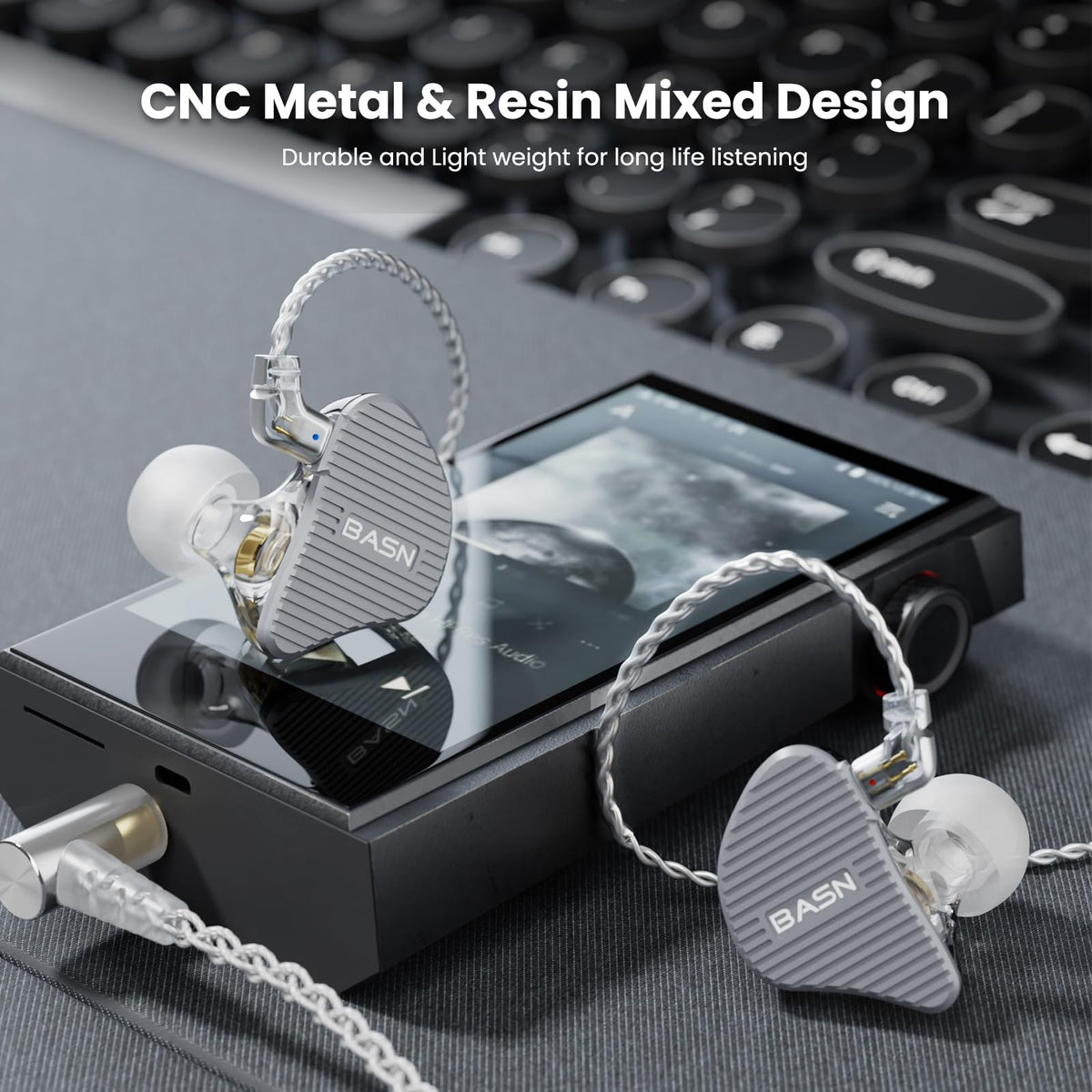 BASN Mix-PD wide compatibility shot shows versatility with portable players and smartphones.