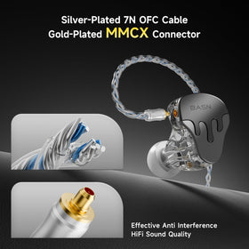 Detachable 4-core OFC silver-plated cable connected to BASNLIFE BmasterX.