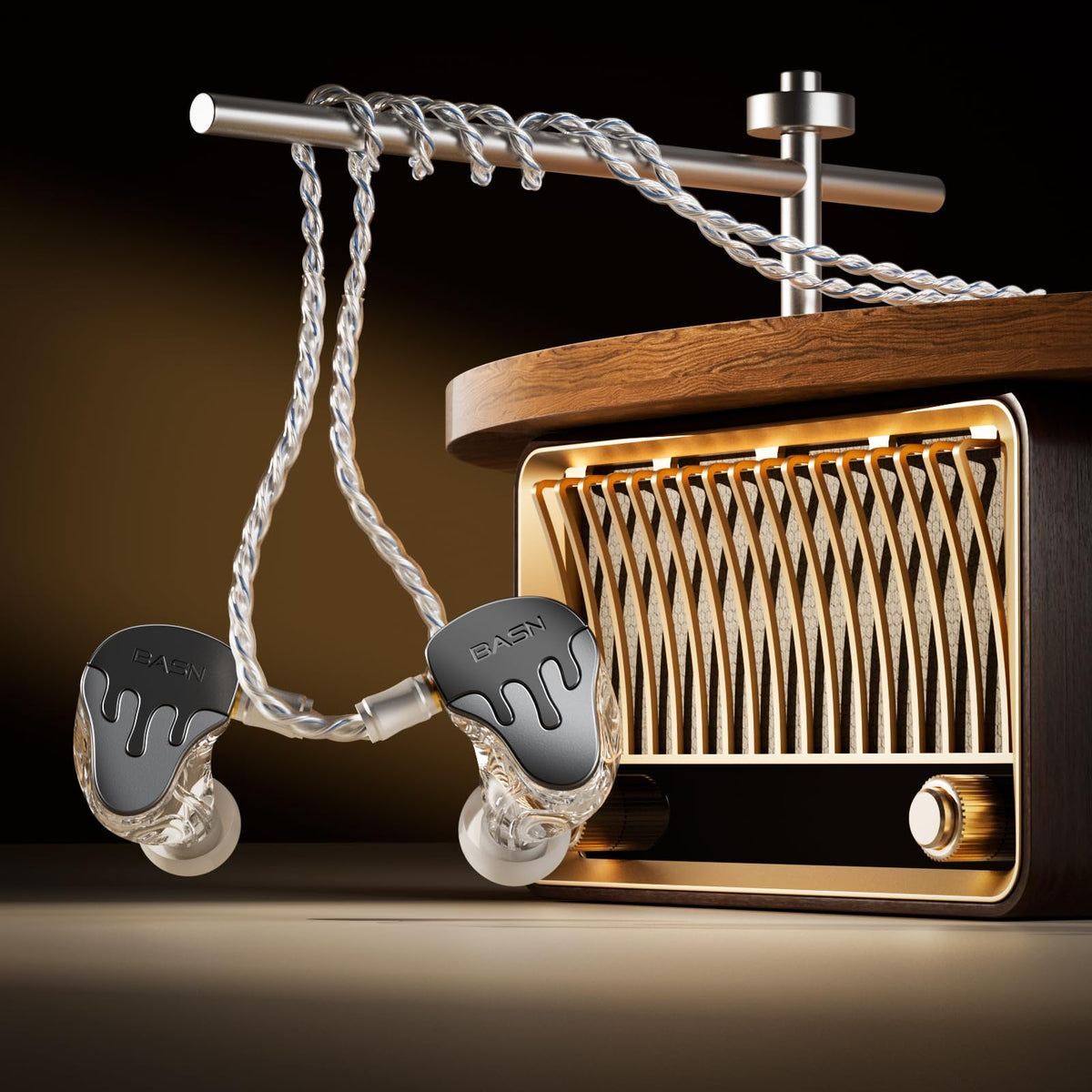 Ergonomic earhooks and shirt clip securing BASNLIFE BmasterX during performances.