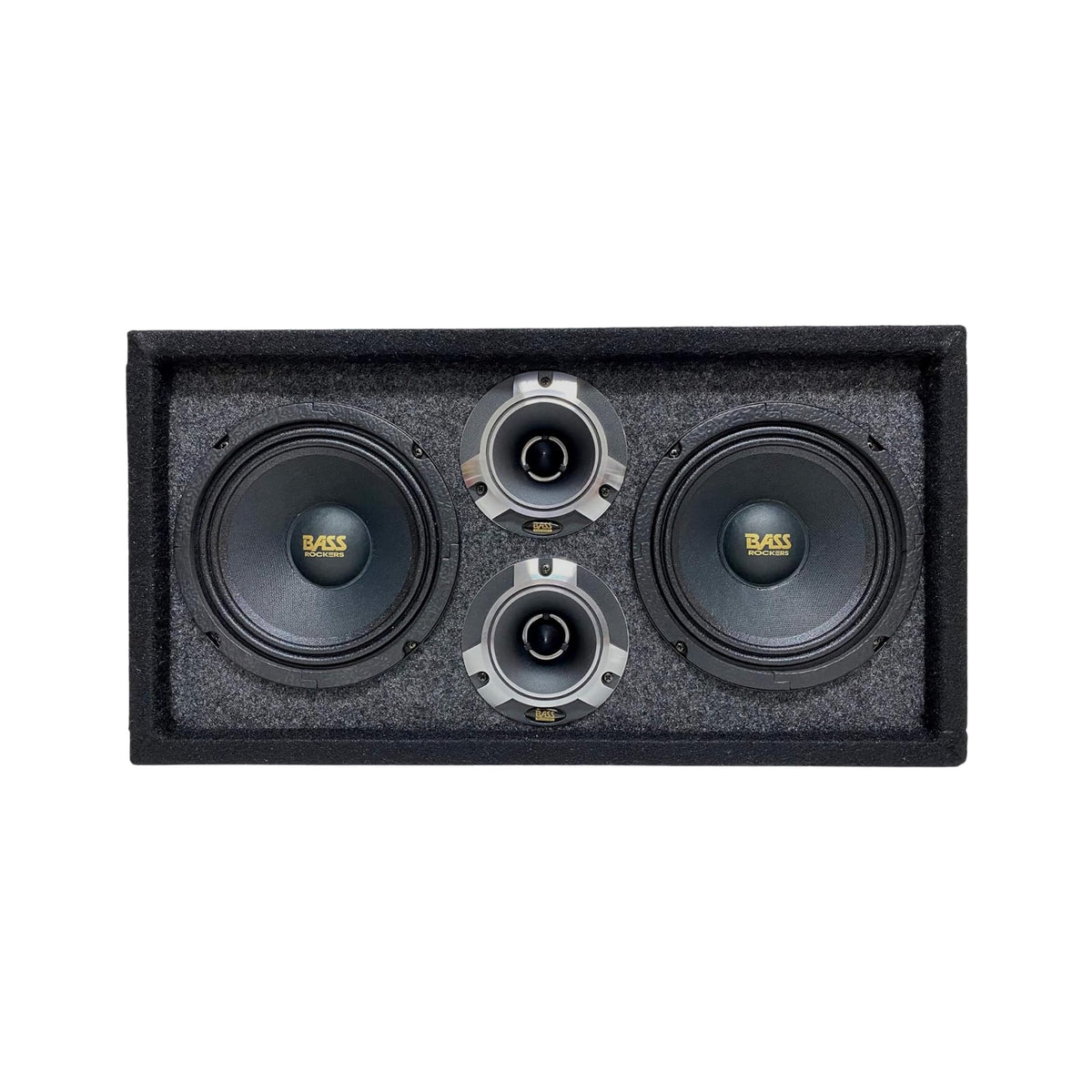 Bass Rockers loaded box front view highlighting compact outdoor speaker pod for powerful sound
