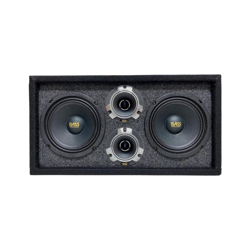 Bass Rockers loaded box front view highlighting compact outdoor speaker pod for powerful sound