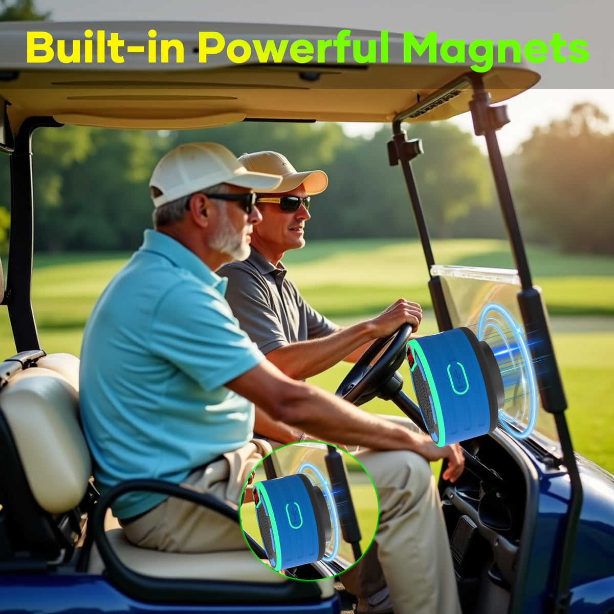 BassPal dual-speaker pairing creates synchronized 360-degree stereo on the course