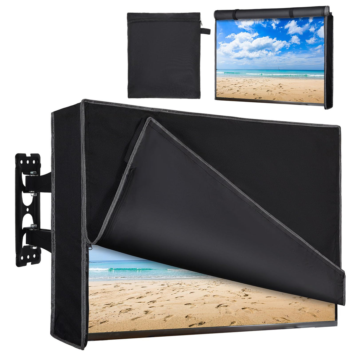 Basumee outdoor TV cover in blue-green mountain pattern protecting the screen from the elements.