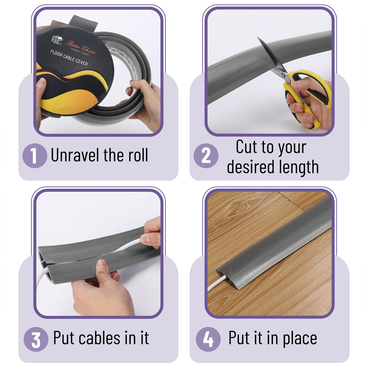 Bates Choice cord cover durable flexible material protects cables from foot traffic.