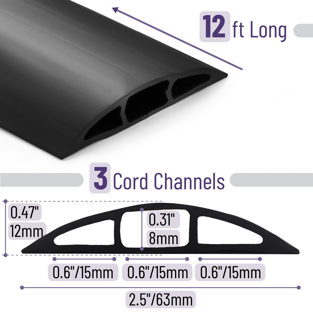 Bates Choice heavy-duty PVC cord protector showing inner channel dimensions for multiple cables.