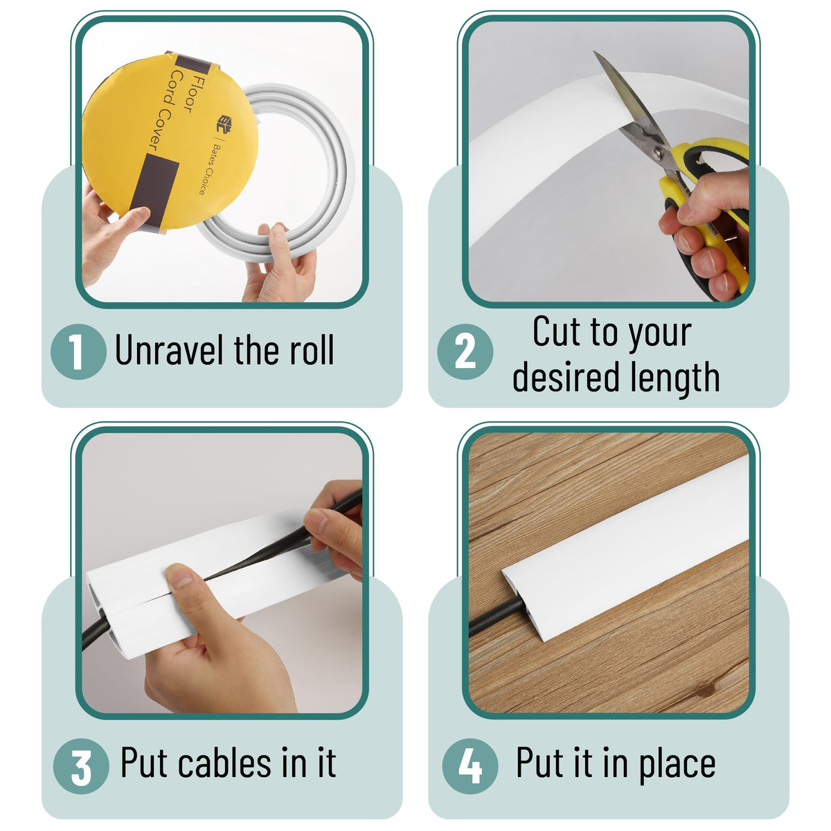 Bates Choice floor cord cover low-profile design blends with decor while containing wires.