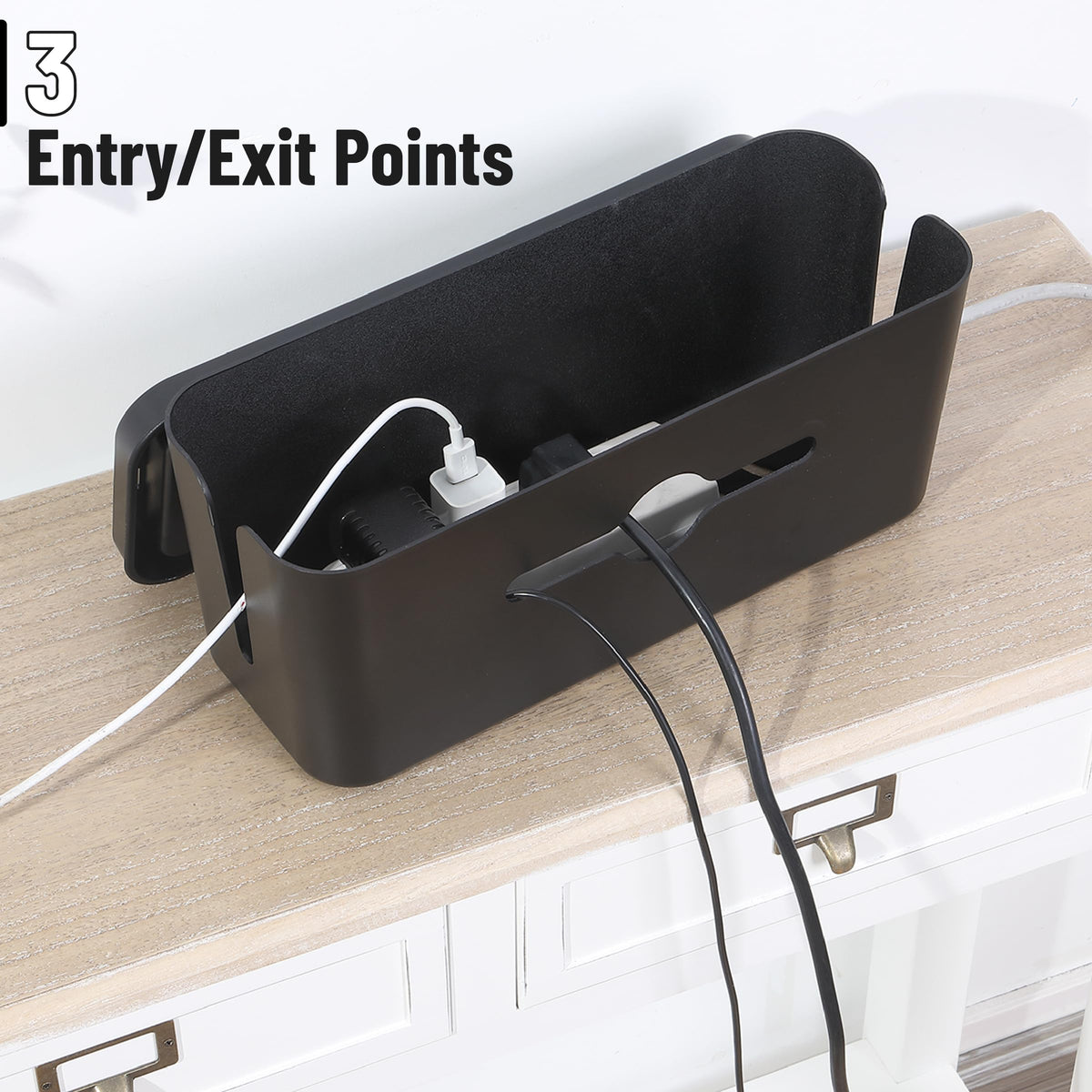 Bates Choice placed under desk organizing computer and charger cables for safety