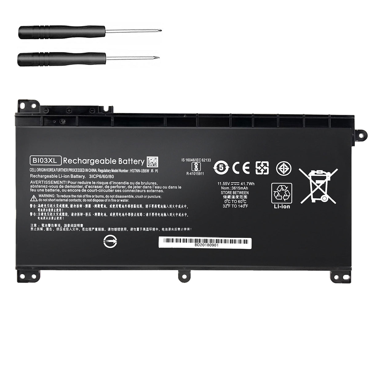 BatteryMon BI03XL battery front view showing 11.55V 41.7Wh for HP laptops