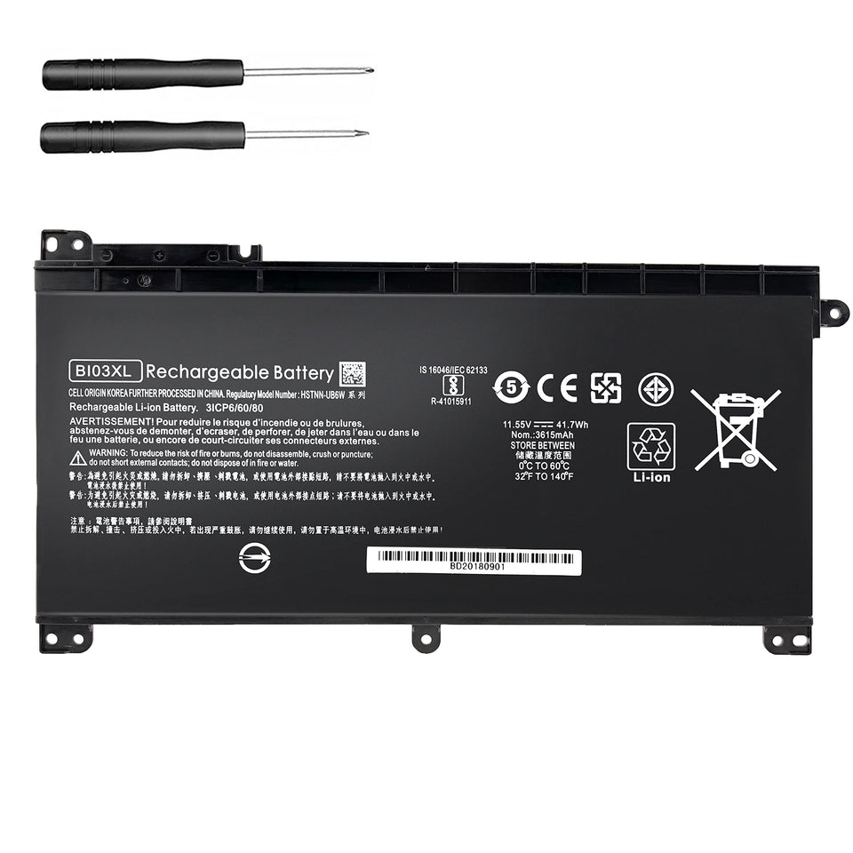 BatteryMon BI03XL battery front view showing 11.55V 41.7Wh for HP laptops