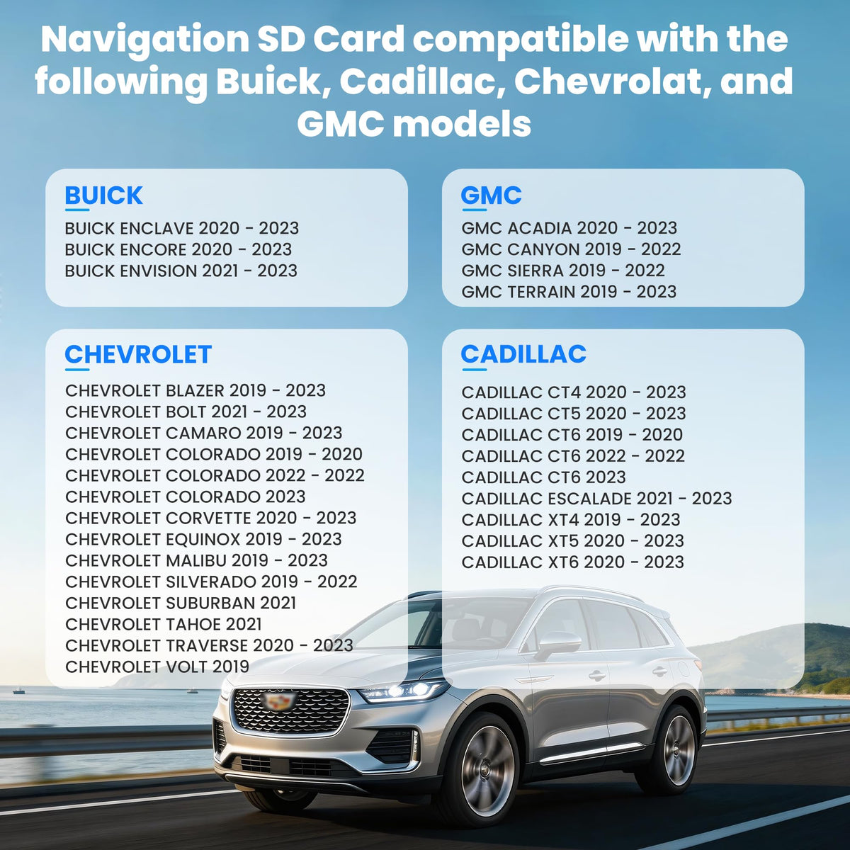 GM compatibility chart for Buick, Cadillac, Chevrolet, and GMC support.