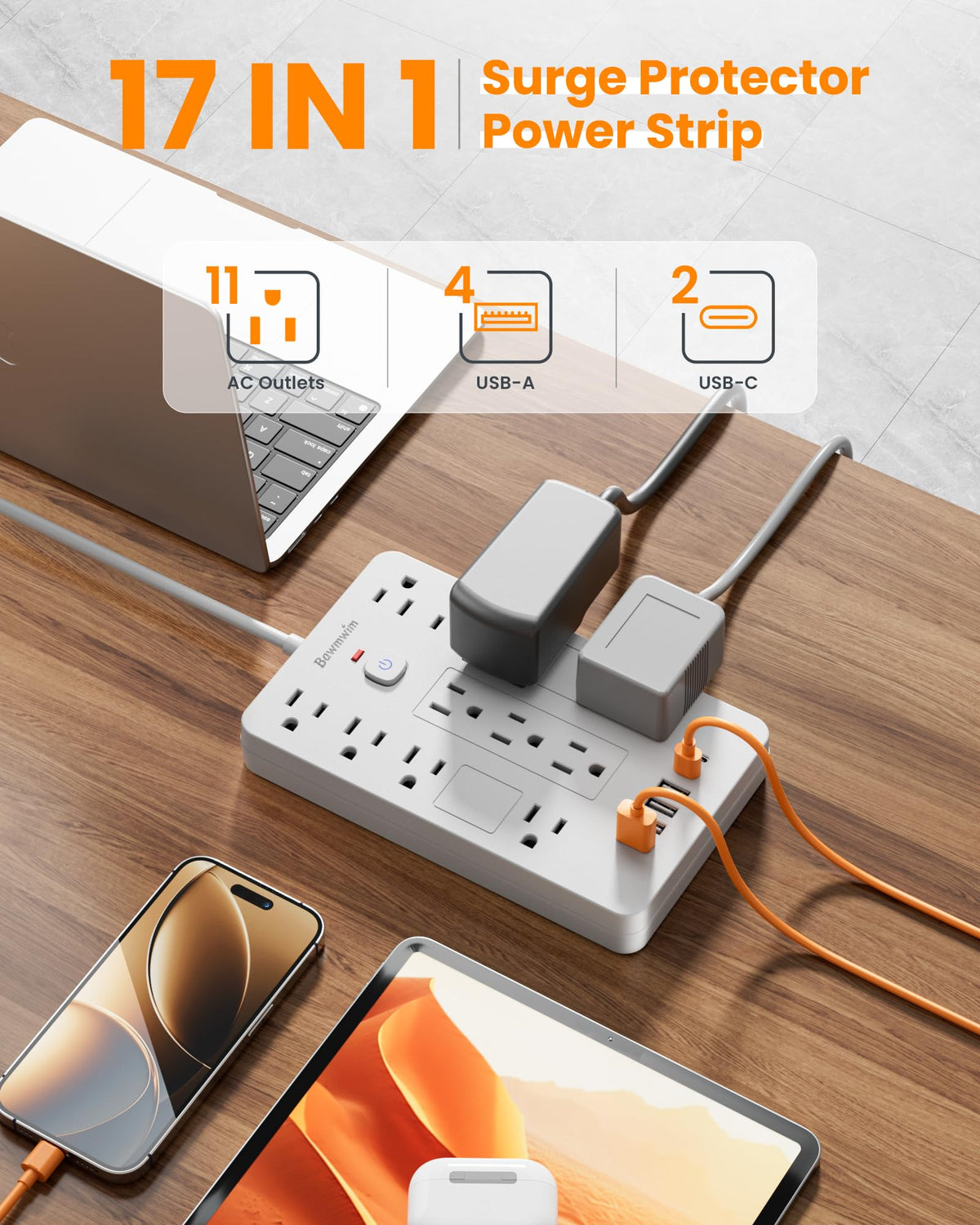 Bawmwim close-up of wide and standard outlet spacing to fit bulky adapters