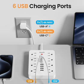 bawmwim flat plug and 10ft cord laying flat to save outlet space and allow flexible placement