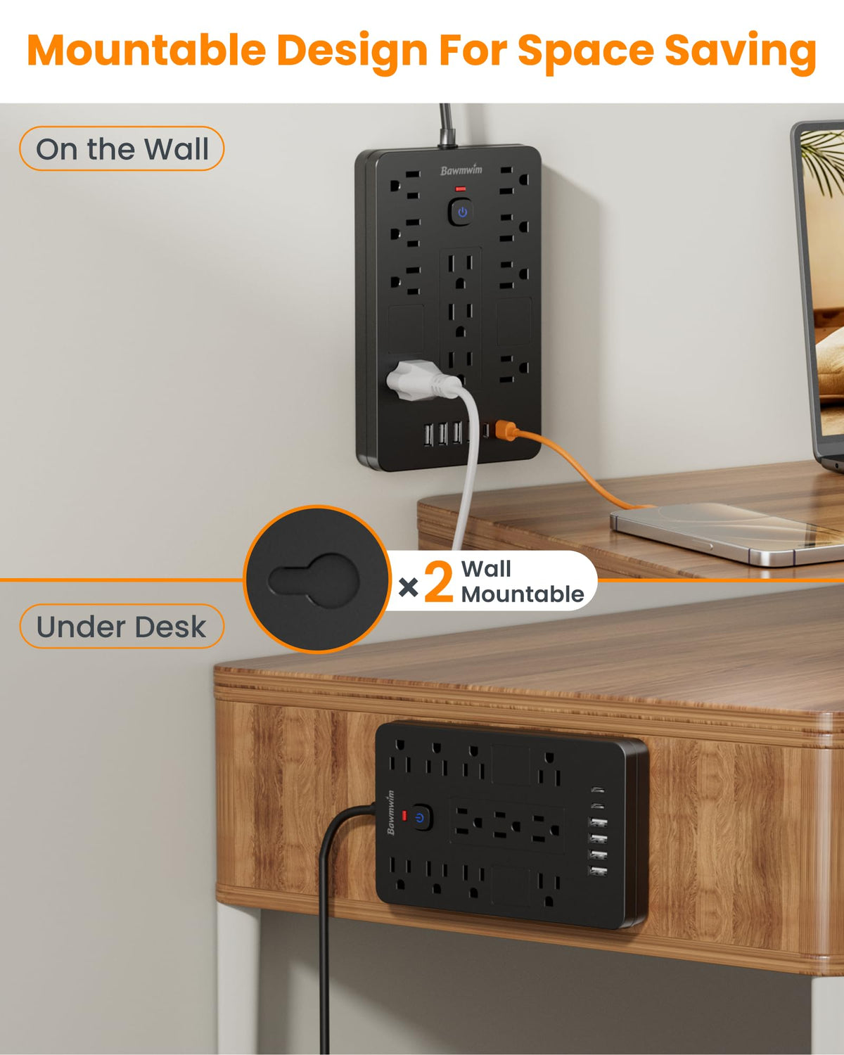 Bawmwim low-profile flat plug shown flush against an outlet for space saving
