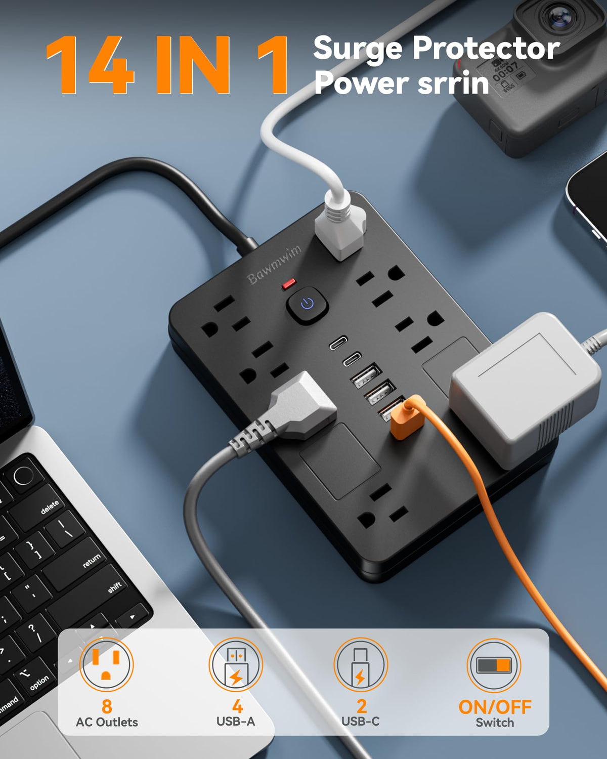 Bawmwim flat plug side profile demonstrating slim right-angle design to save outlet space