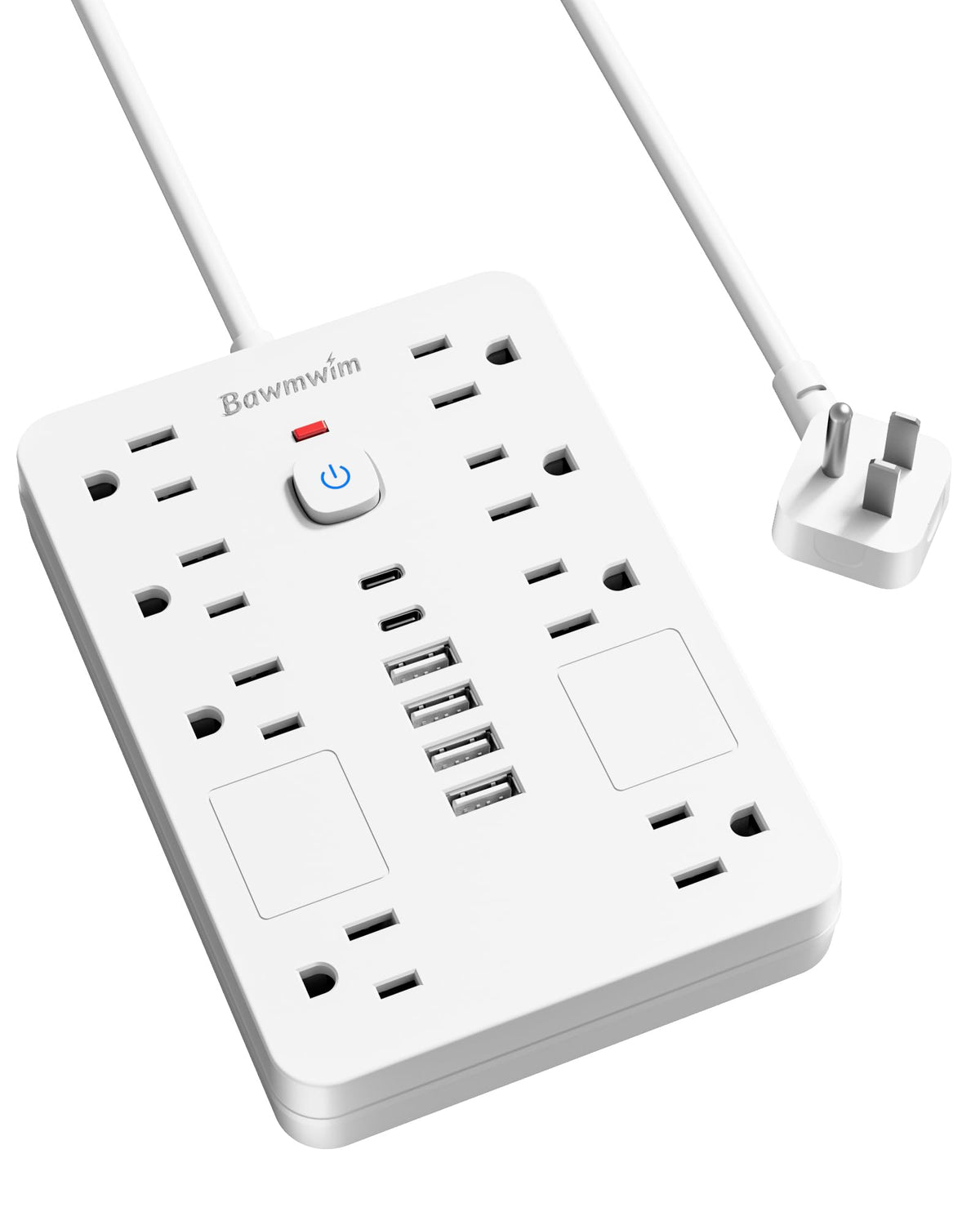 Bawmwim front view showing outlets and USB ports, organized charging benefit