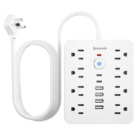 bawmwim front view of power strip showing 8 outlets and USB ports for organized charging