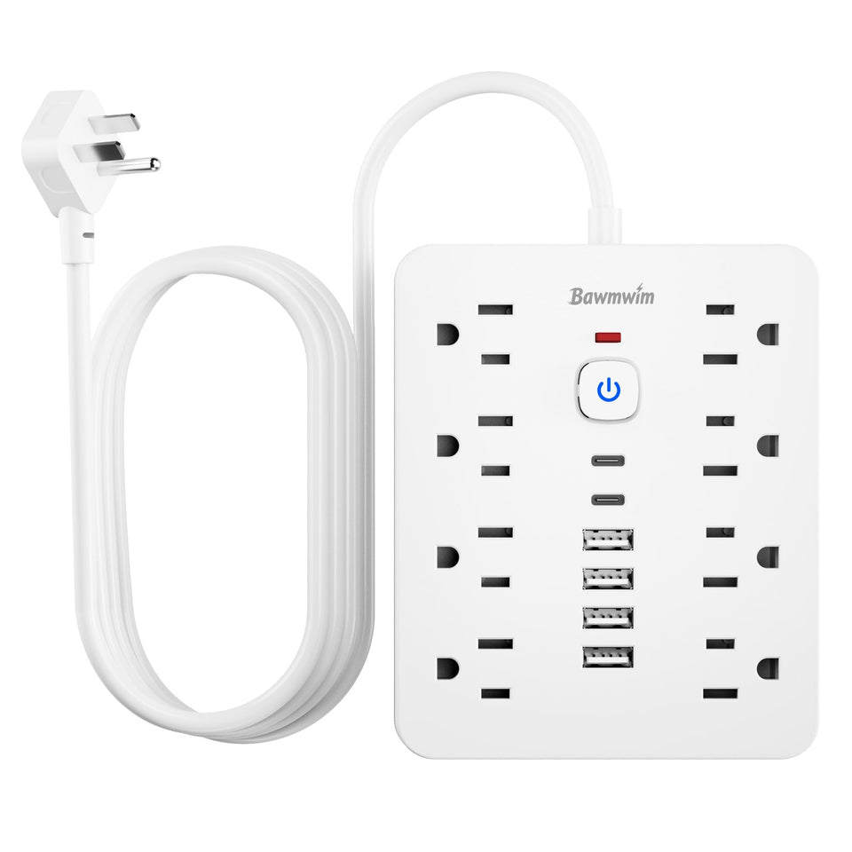 Bawmwim front view showing 8 outlets and USB ports, tidy charging benefit