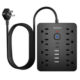 Bawmwim front view of power strip showing outlets and USB ports for organized charging