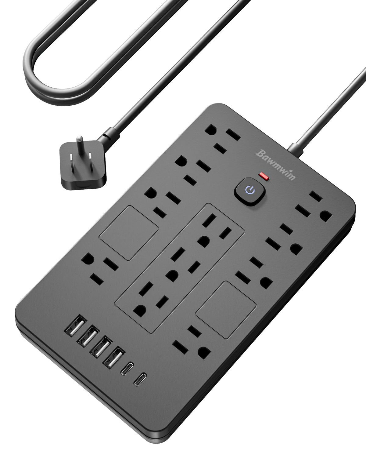 Bawmwim front view showing 11 outlets and 6 USB ports, organized charging