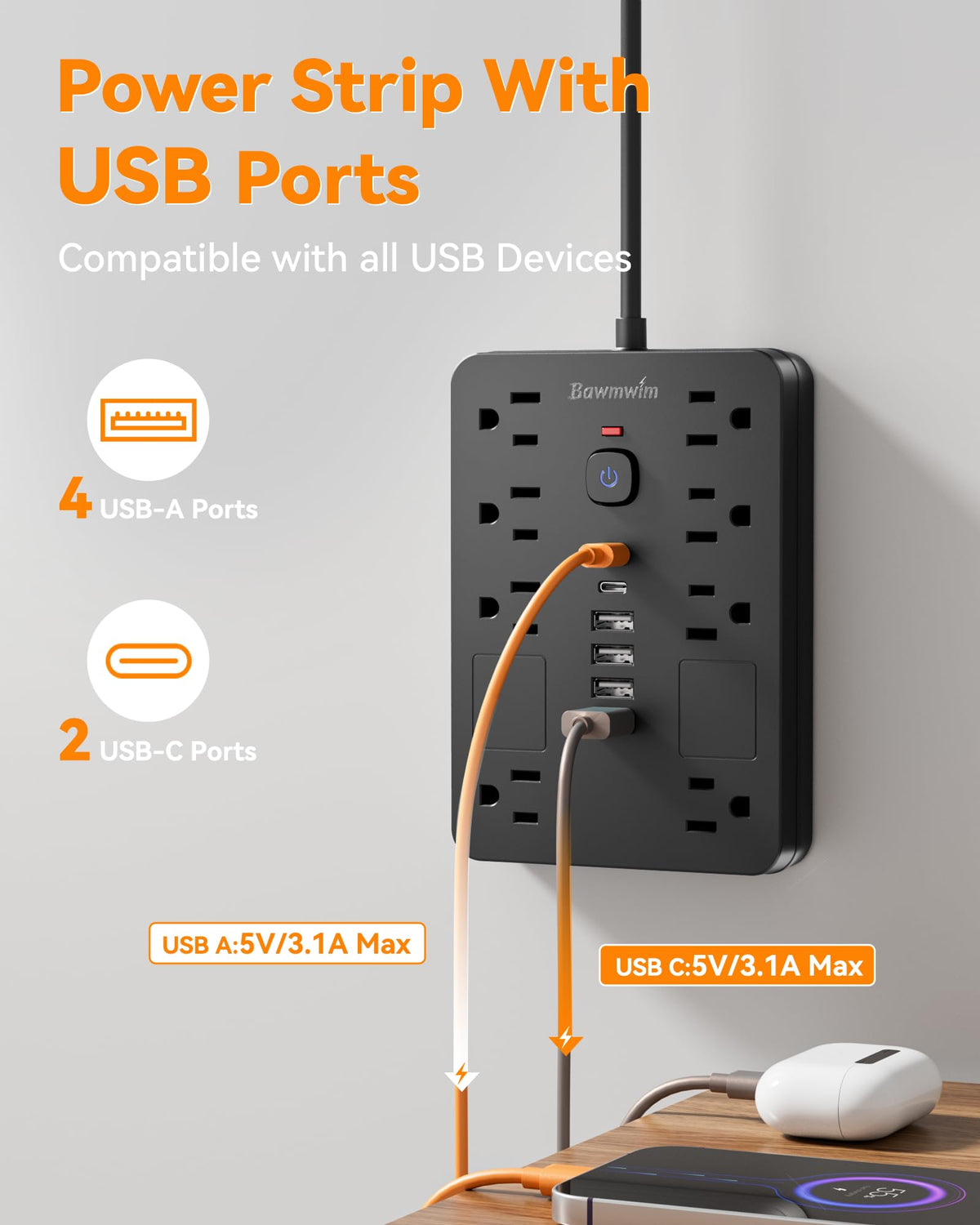 Bawmwim closeup of outlet spacing highlighting wide slots for bulky adapters convenience