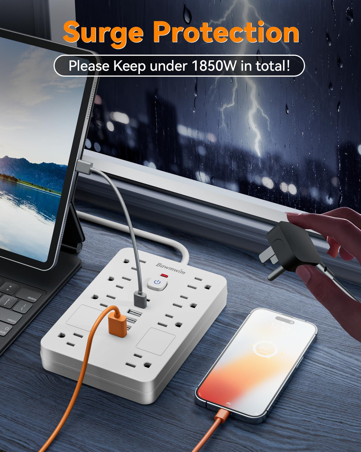 Bawmwim power strip in home office setup, centralizes devices and reduces clutter benefit
