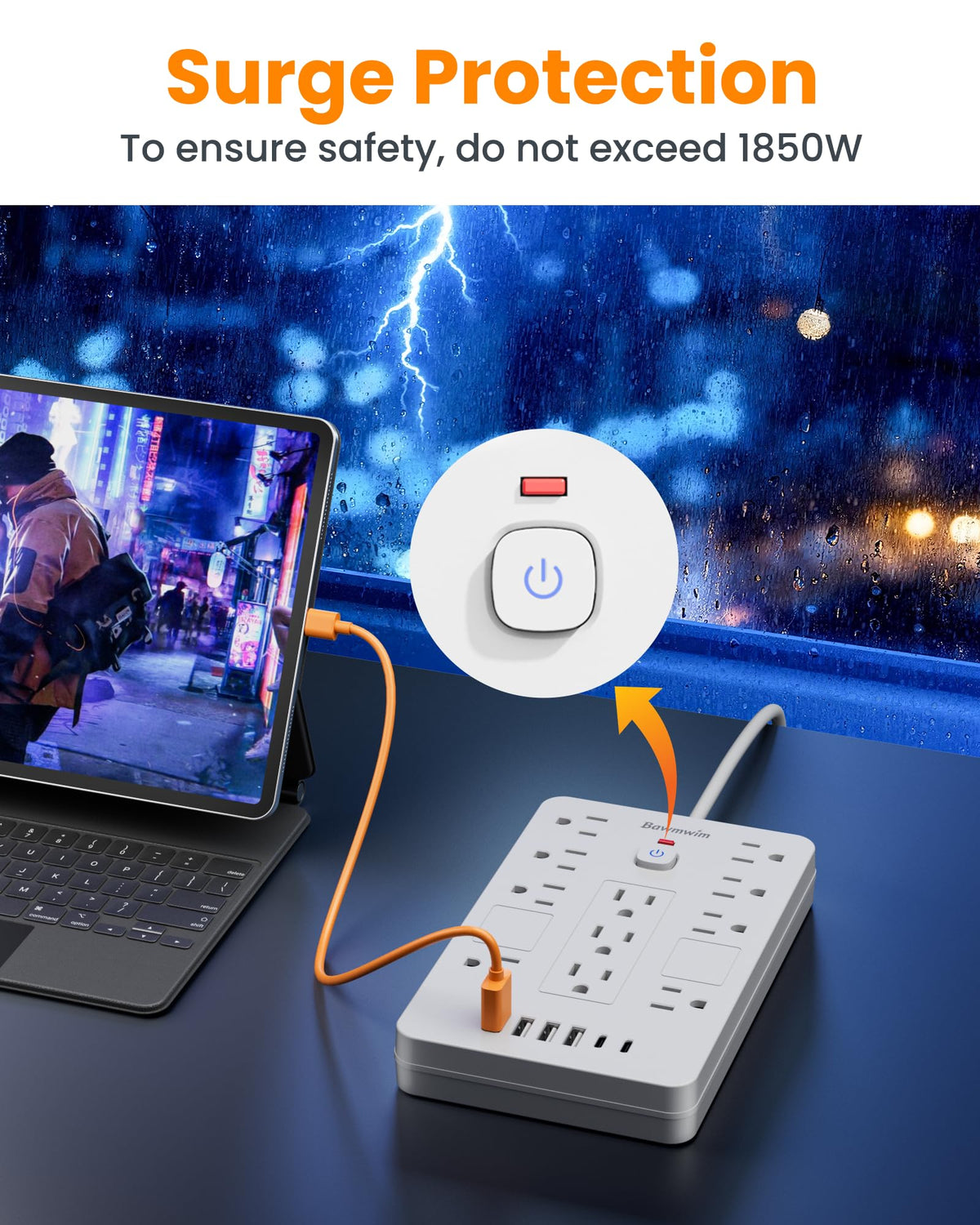 Bawmwim illuminated power switch close-up indicating normal operation safety