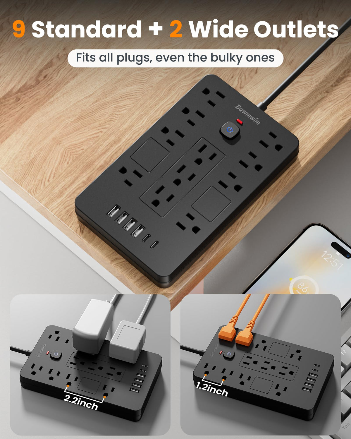 Bawmwim view of USB-A and USB-C ports with clear port labeling for fast charging