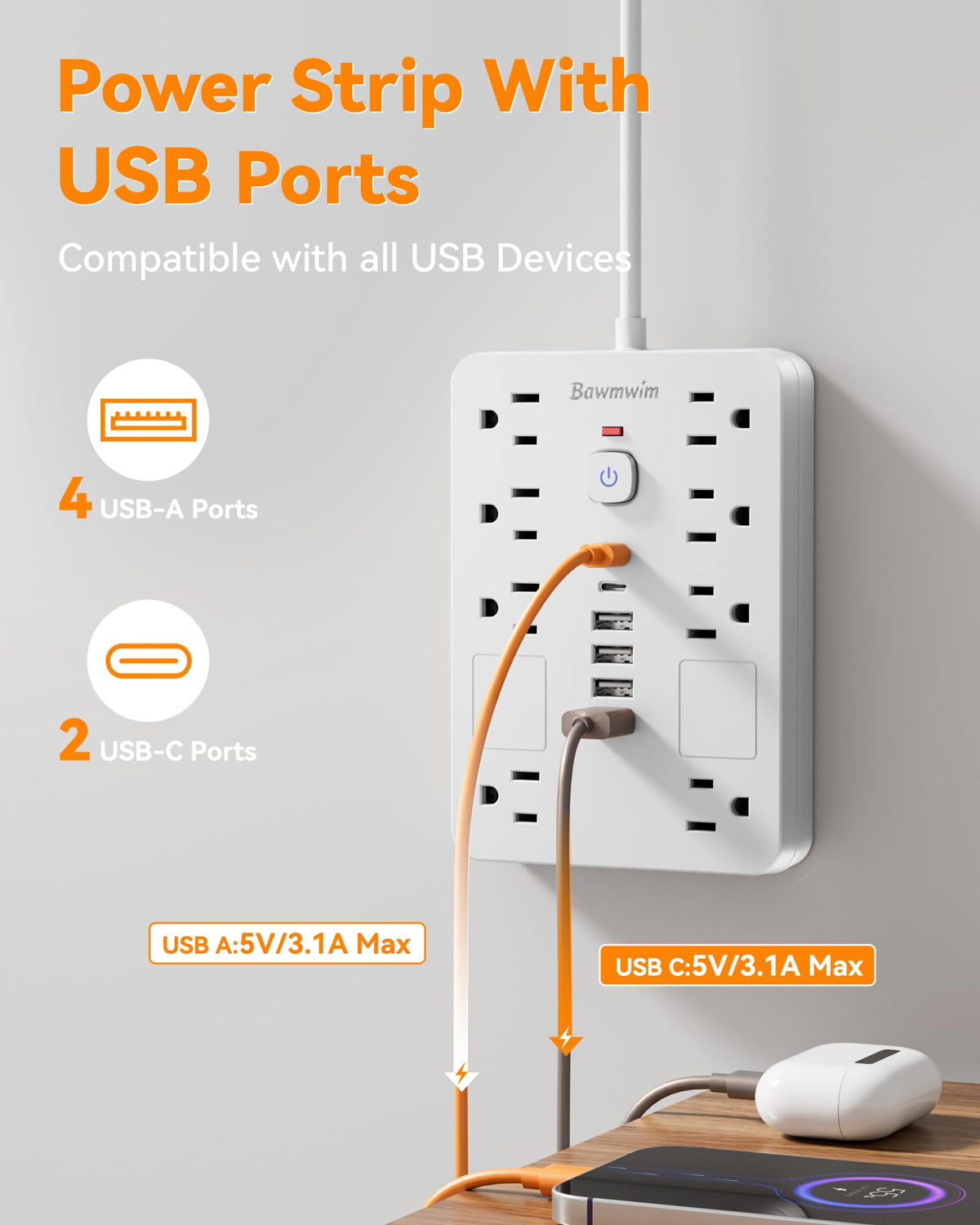 Bawmwim USB ports top view, dual USB-C and USB-A for fast charging benefit