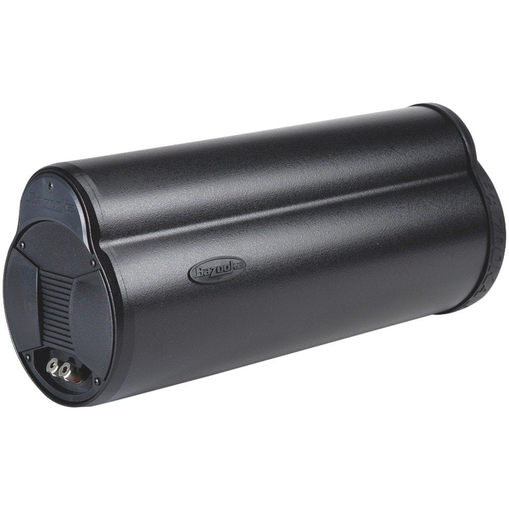 Bazooka BT6014 tube subwoofer with straps demonstrates secure, easy installation.
